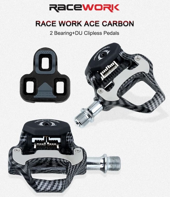 Pedal de bicicleta de carretera RACEWORK, ultra ligero, fibra de carbono, autoblocante, compatible con SPD Keo, ideal para entusiastas del ciclismo.