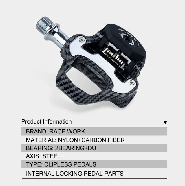 Pedal de bicicleta de carretera RACEWORK, ultra ligero, fibra de carbono, autoblocante, compatible con SPD Keo, ideal para entusiastas del ciclismo.