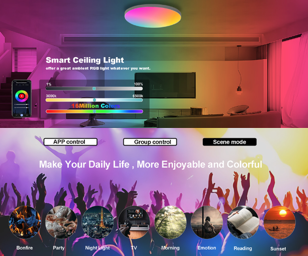 Lámpara de techo inteligente Tuya Zigbee de 24W RGBCW con iluminación dinámica para el hogar, compatible con Alexa y eficiente energéticamente.