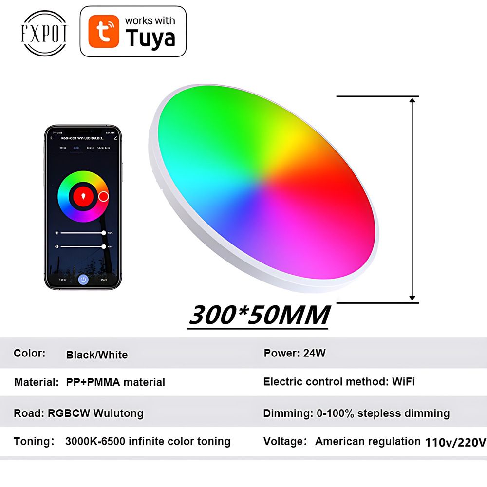 Lámpara de techo inteligente Tuya Zigbee de 24W RGBCW con iluminación dinámica para el hogar, compatible con Alexa y eficiente energéticamente.