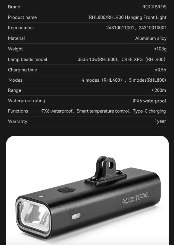 Luz delantera ROCKBROS RHL-1000LUMEN impermeable tipo C ciclismo nocturno LED 1000 lúmenes alta visibilidad