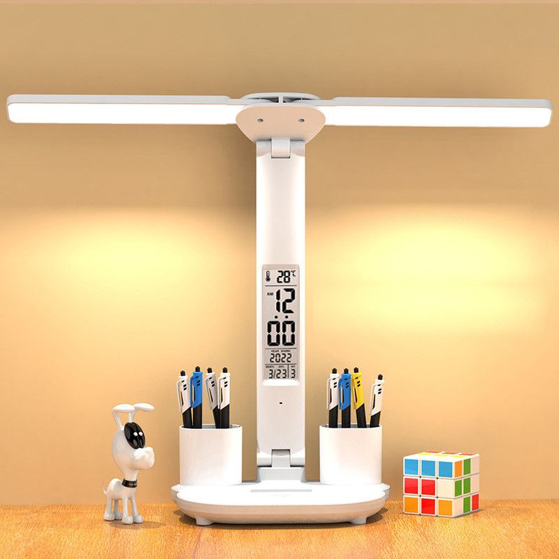 Lámpara de escritorio LED con portalápices, calendario incorporado, brillo ajustable y protección ocular para hogar y oficina