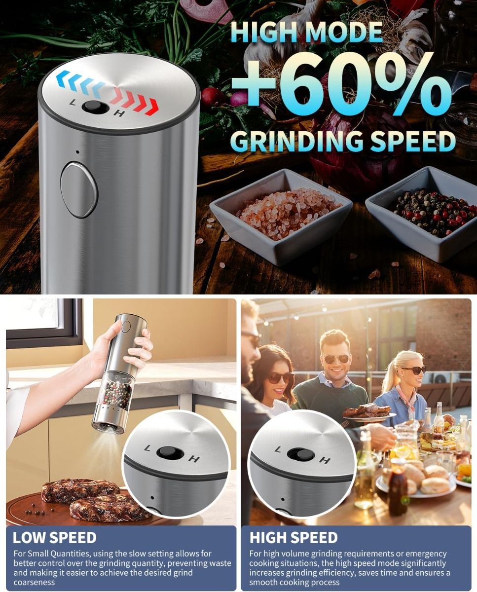 Molinillos Eléctricos Sal y Pimienta Recargables de Acero Inoxidable, 2 Velocidades, Base de Carga, 190ML