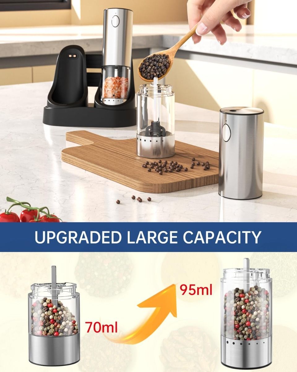 Molinillos Eléctricos Sal y Pimienta Recargables de Acero Inoxidable, 2 Velocidades, Base de Carga, 190ML