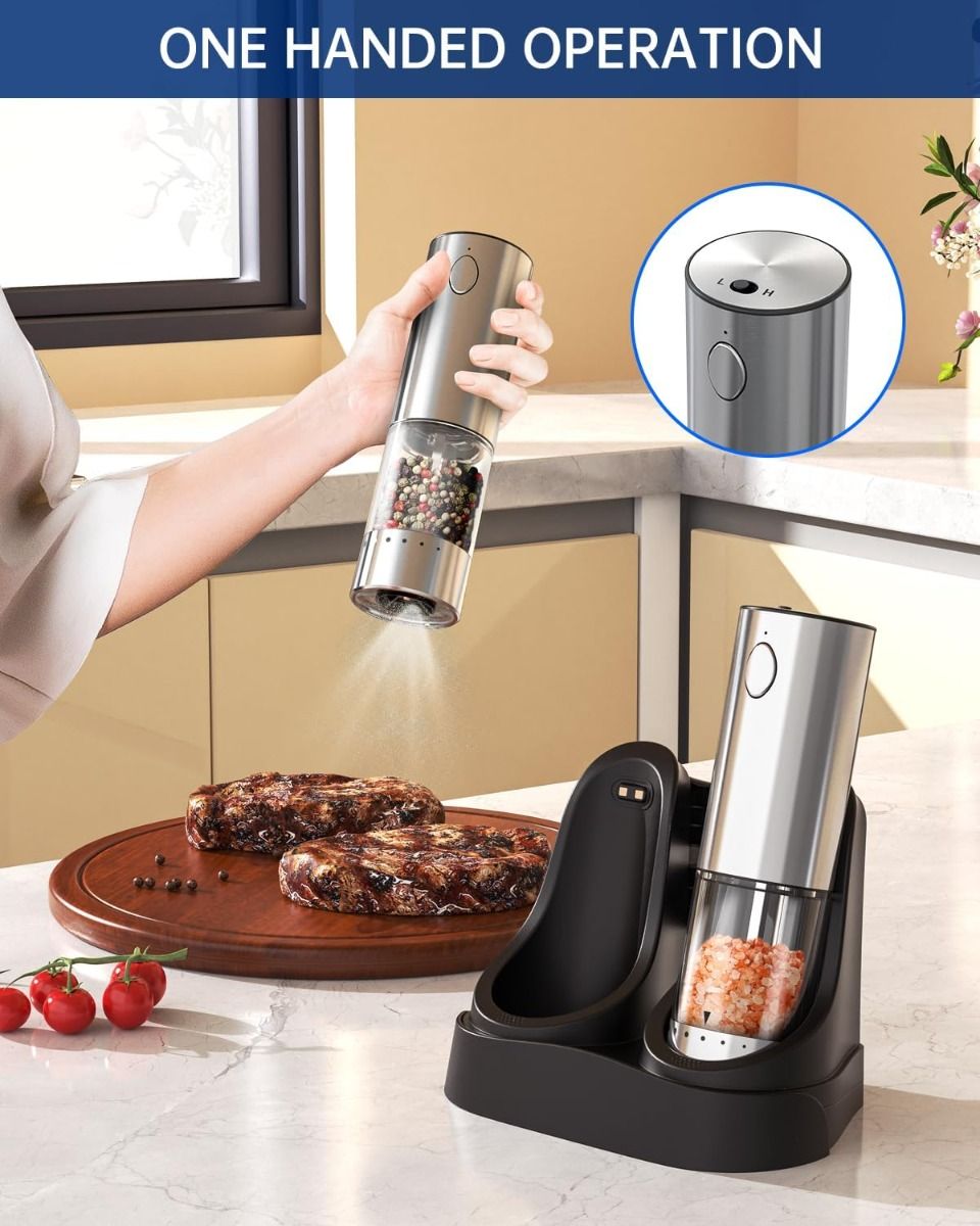 Molinillos Eléctricos Sal y Pimienta Recargables de Acero Inoxidable, 2 Velocidades, Base de Carga, 190ML
