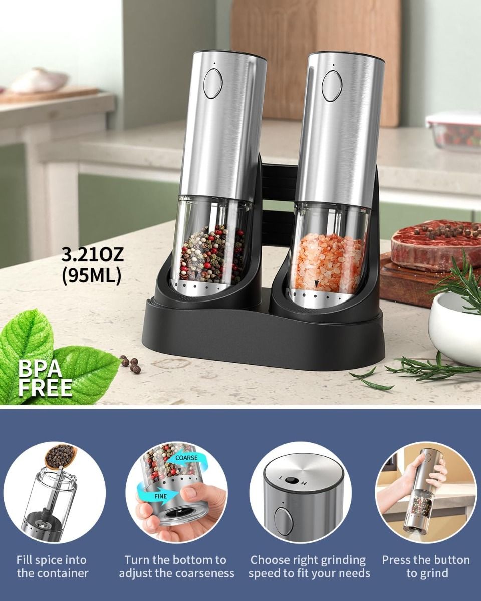 Molinillos Eléctricos Sal y Pimienta Recargables de Acero Inoxidable, 2 Velocidades, Base de Carga, 190ML