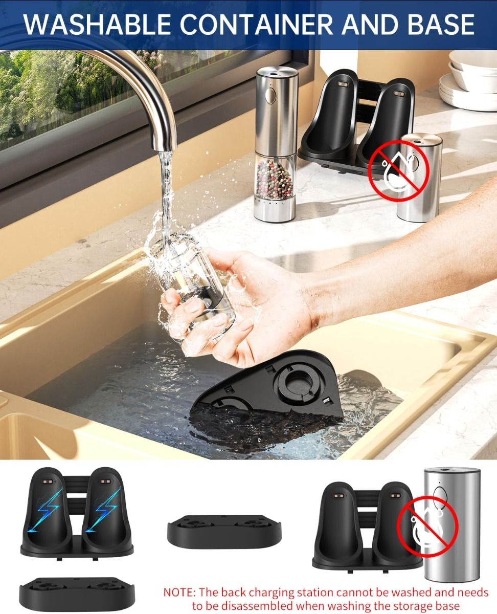 Molinillos Eléctricos Sal y Pimienta Recargables de Acero Inoxidable, 2 Velocidades, Base de Carga, 190ML