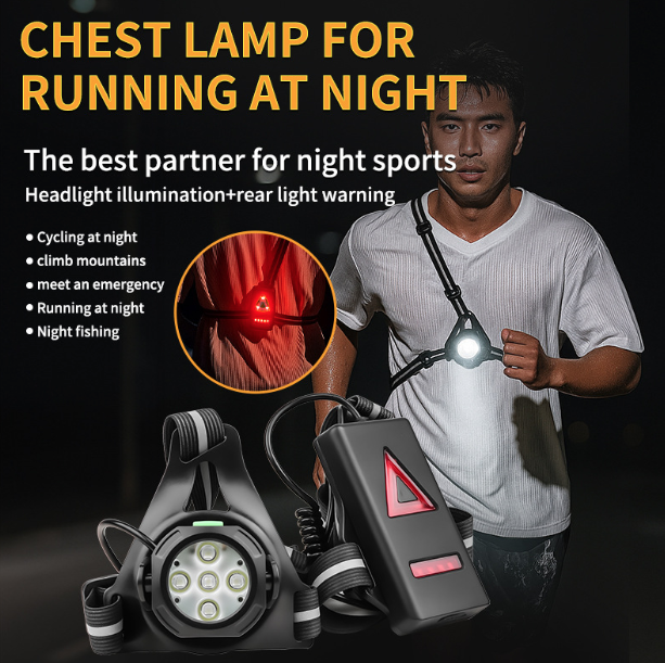 Luz de pecho LED para correr nocturno al aire libre, luz de advertencia trasera, ángulo de haz ajustable de 90°, impermeable, lámpara de seguridad ultra brillante