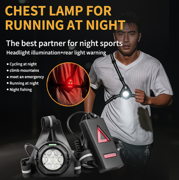Luz de pecho LED para correr nocturno al aire libre, luz de advertencia trasera, ángulo de haz ajustable de 90°, impermeable, lámpara de seguridad ultra brillante