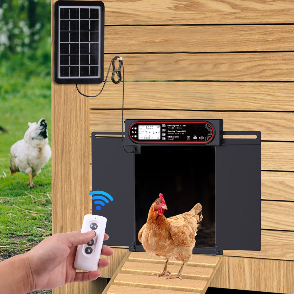 Puerta automática solar para gallinero con temporizador, sensor de luz y carga USB para una gestión avícola ecológica