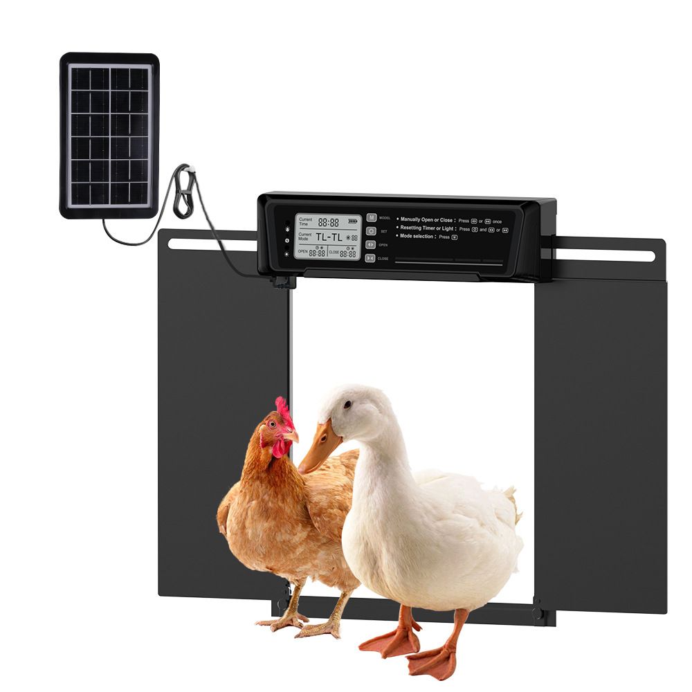 Puerta automática solar para gallinero con temporizador, sensor de luz y carga USB para una gestión avícola ecológica