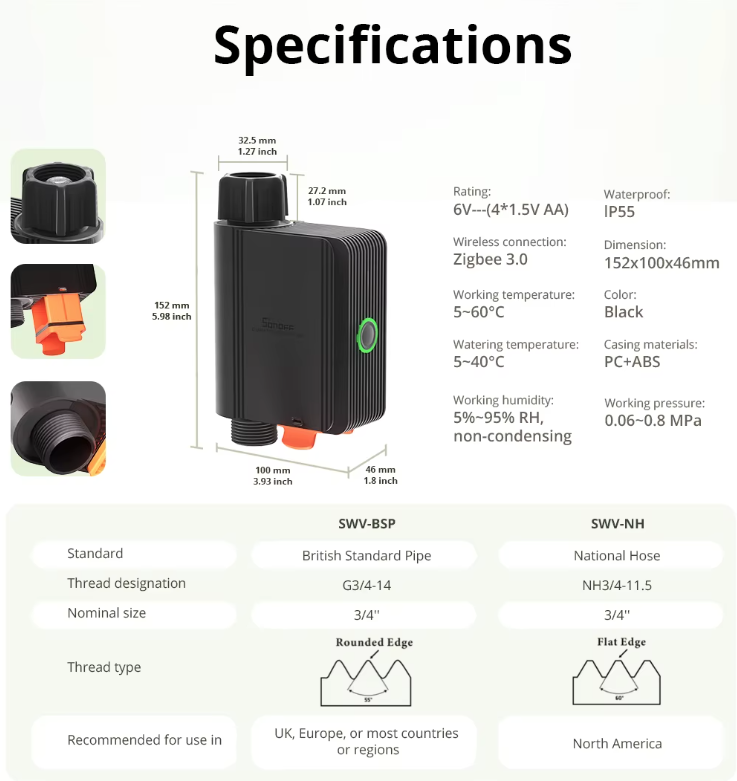 SONOFF SWV Zigbee 3.0 Válvula de Agua Inteligente Riego Automatizado Eficiente eWeLink Alexa Google Instalación Fácil