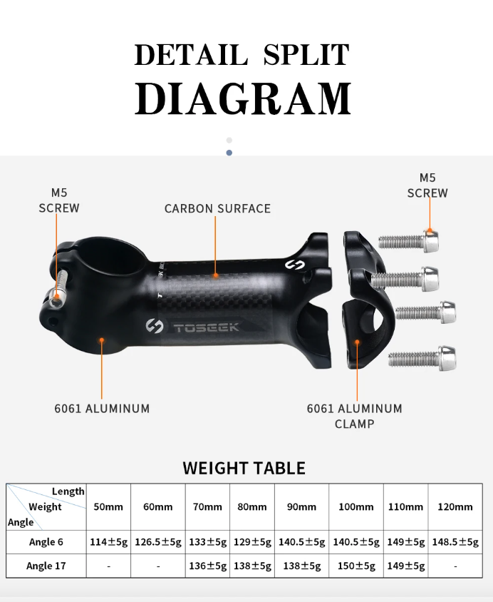 TOSEEK Potencia de manillar MTB 28.6mm Ángulo ajustable Aluminio ligero Carbono para entusiastas del ciclismo