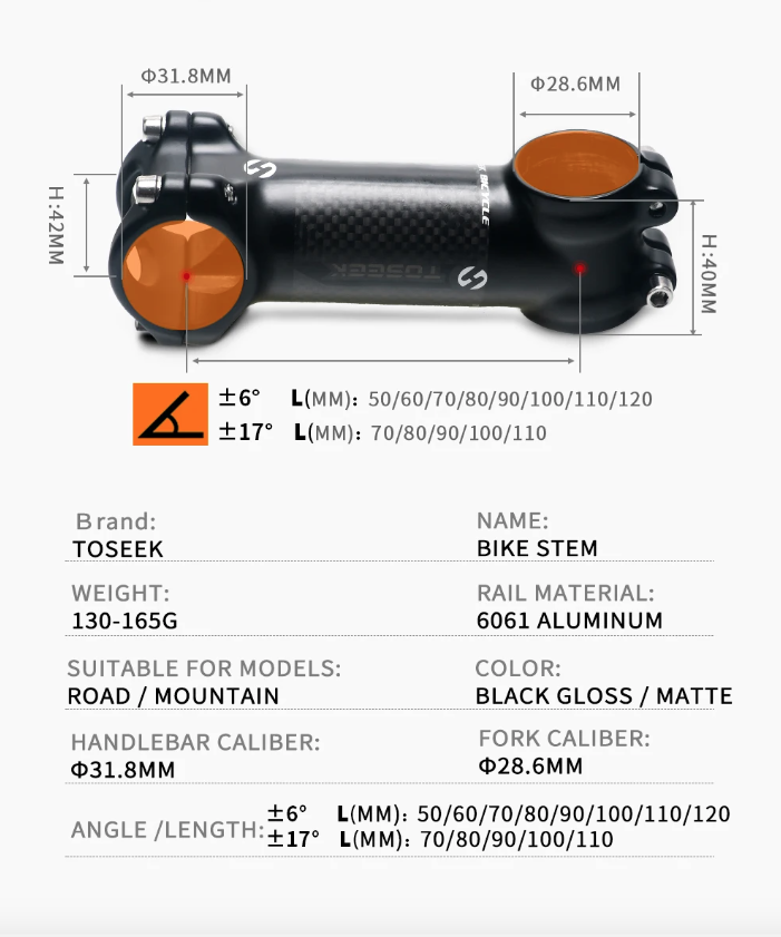 TOSEEK Potencia de manillar MTB 28.6mm Ángulo ajustable Aluminio ligero Carbono para entusiastas del ciclismo