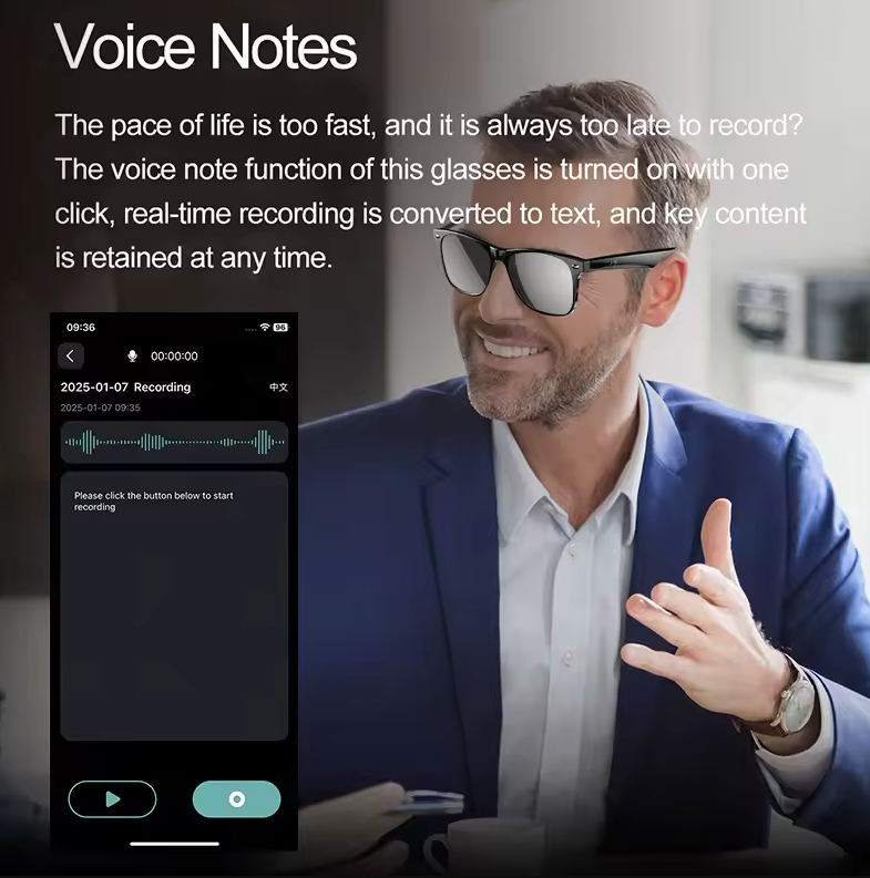 Gafas inteligentes con traducción AI, llamada Bluetooth, cancelación de ruido, reproducción de música, llamada BT y traducción inteligentes.