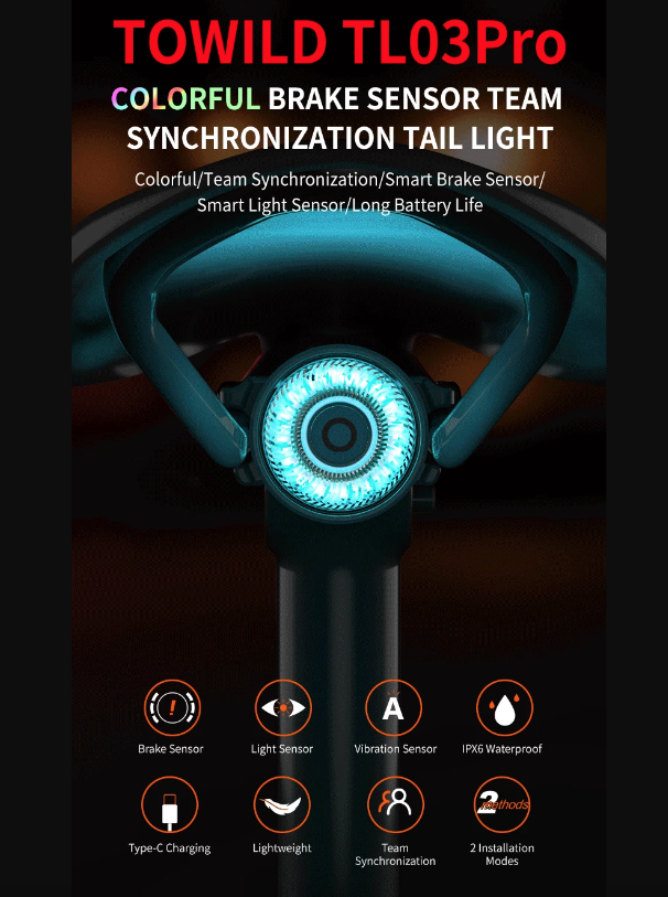Luz trasera LED TOWILD TL03Pro visibilidad ciclismo con sensor freno inteligente y destello siete colores