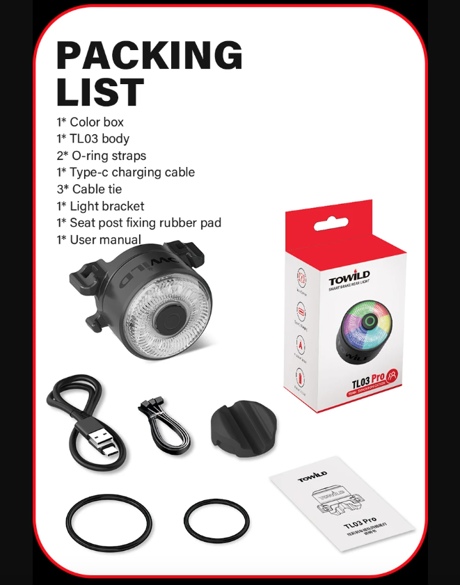 Luz trasera LED TOWILD TL03Pro visibilidad ciclismo con sensor freno inteligente y destello siete colores