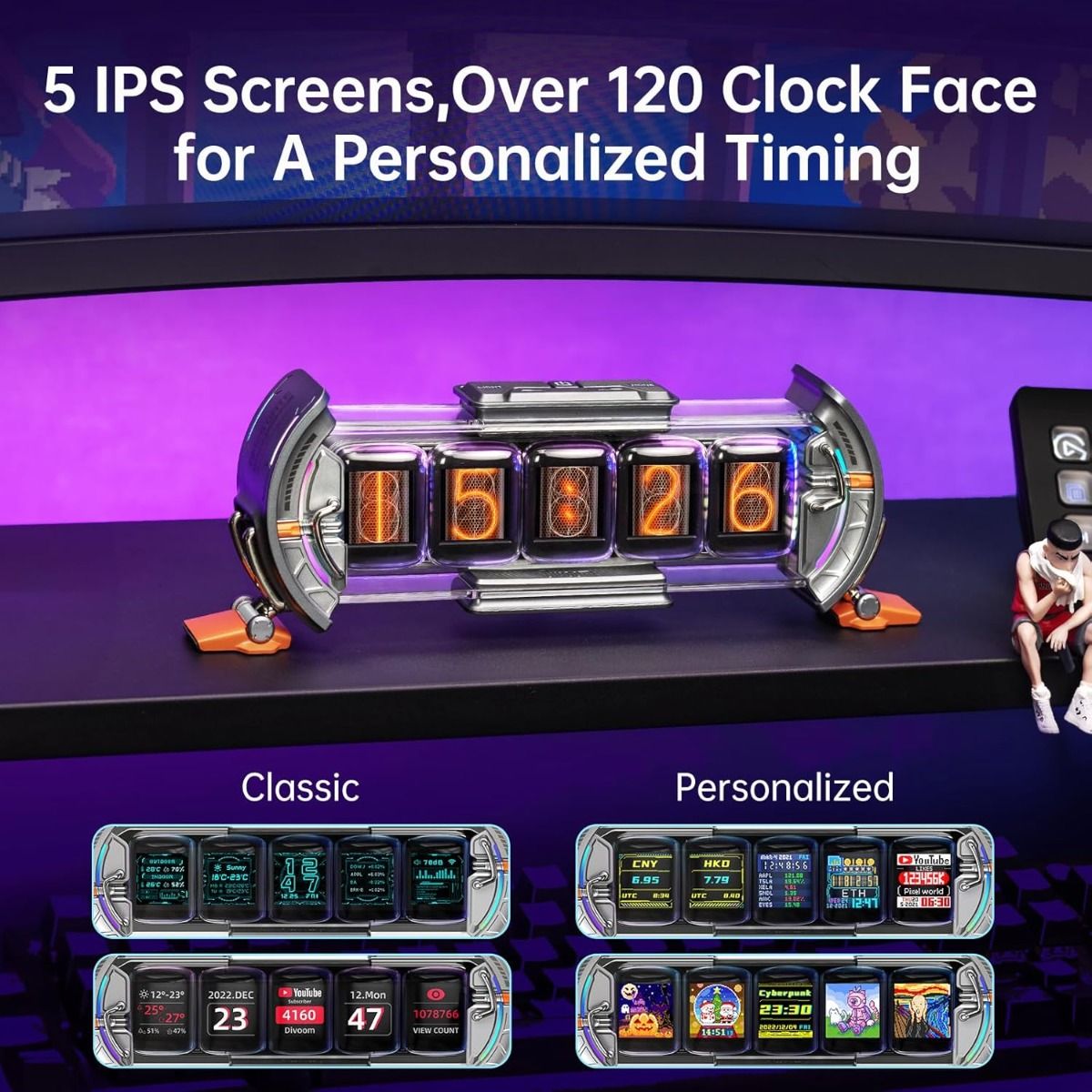 Divoom Times Gate: Reloj Despertador Digital Ciberpunk para Gaming, Oficina, Panel Bitcoin, Pixel Art, LED RGB