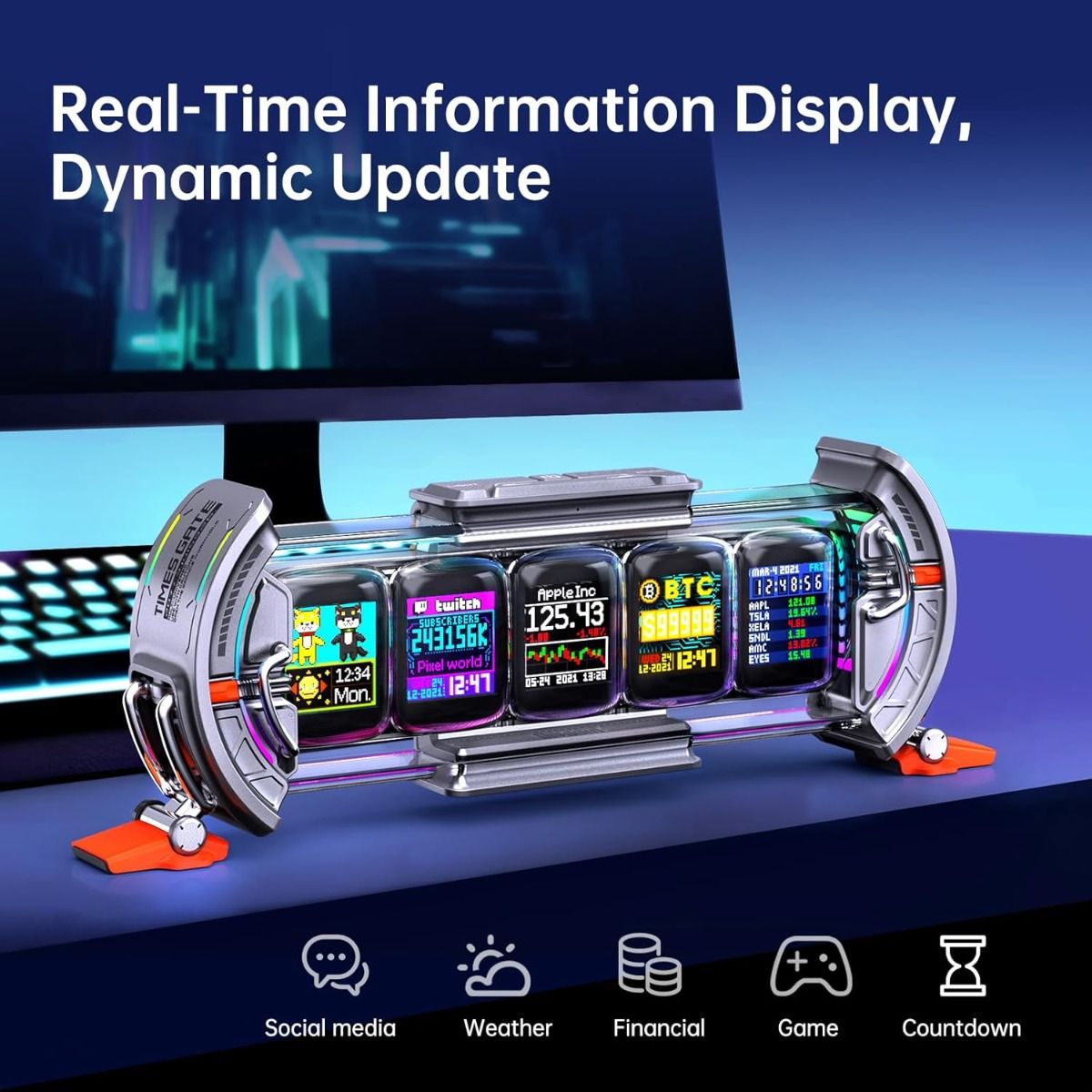 Divoom Times Gate: Reloj Despertador Digital Ciberpunk para Gaming, Oficina, Panel Bitcoin, Pixel Art, LED RGB