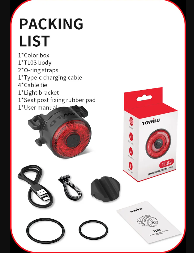 Luz trasera inteligente para bicicleta TOWILD TL03 con sensor de freno automático y modos de flash versátiles