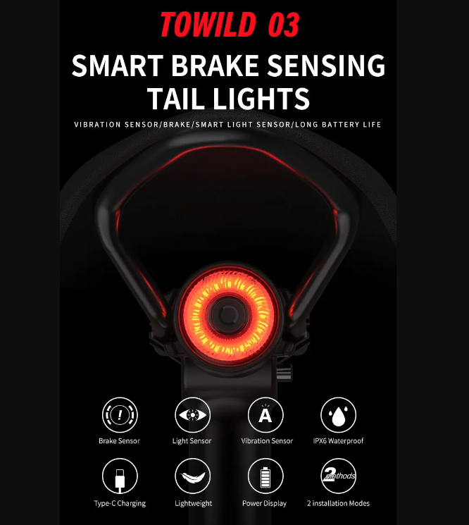 Luz trasera inteligente para bicicleta TOWILD TL03 con sensor de freno automático y modos de flash versátiles
