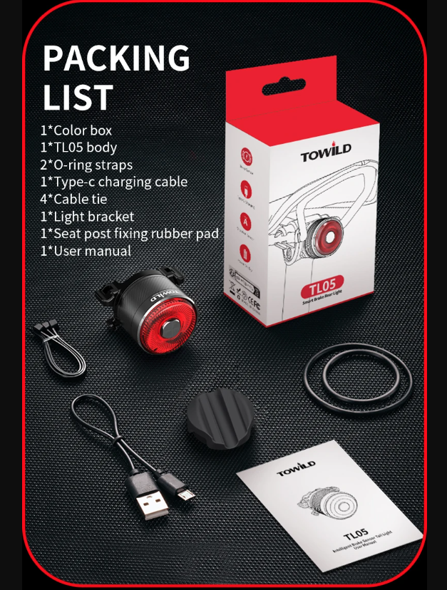 Luz trasera TOWILD TL05 con sensor de freno automático luz de bicicleta impermeable IPX6 carga USB LED 100 horas