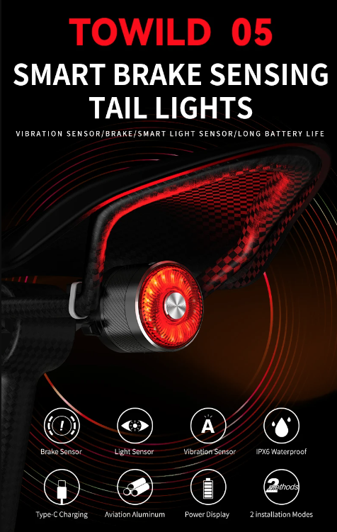 Luz trasera TOWILD TL05 con sensor de freno automático luz de bicicleta impermeable IPX6 carga USB LED 100 horas