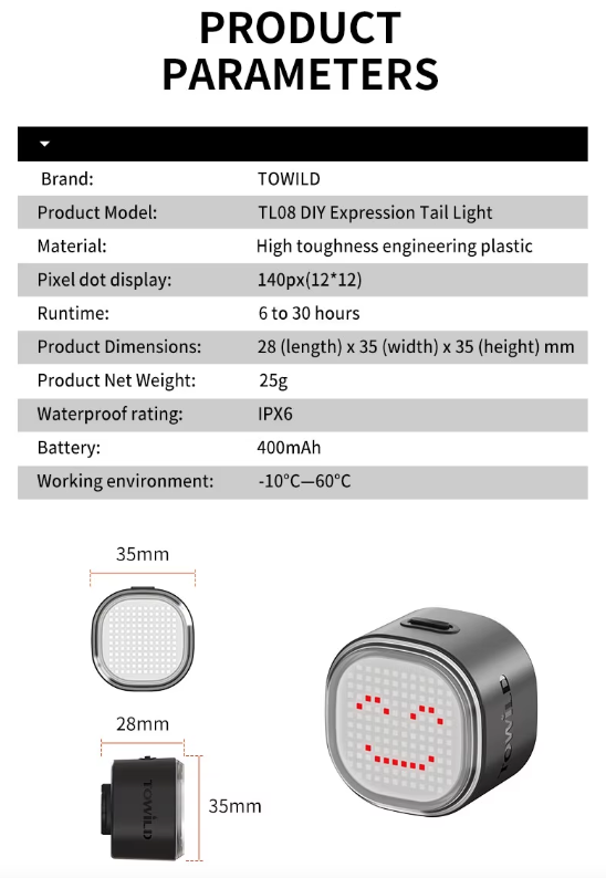 TOWILD TL08 Luz Trasera Bicicleta Inteligente con Patrones Personalizados y GIFs, USB-C Recargable, Sensor Freno, IPX6