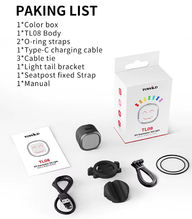 TOWILD TL08 Luz Trasera Bicicleta Inteligente con Patrones Personalizados y GIFs, USB-C Recargable, Sensor Freno, IPX6