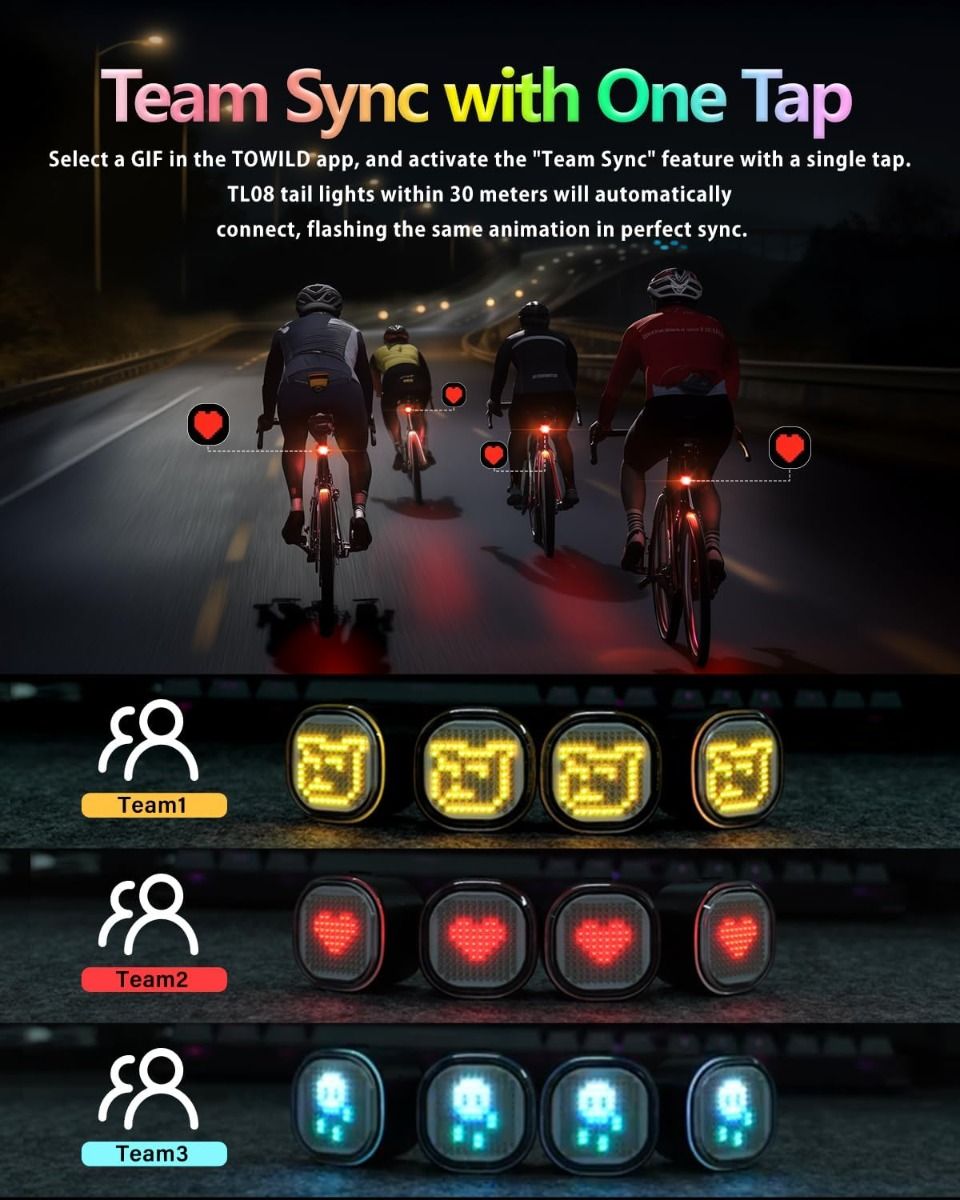 TOWILD TL08 Luz Trasera Bicicleta Inteligente con Patrones Personalizados y GIFs, USB-C Recargable, Sensor Freno, IPX6