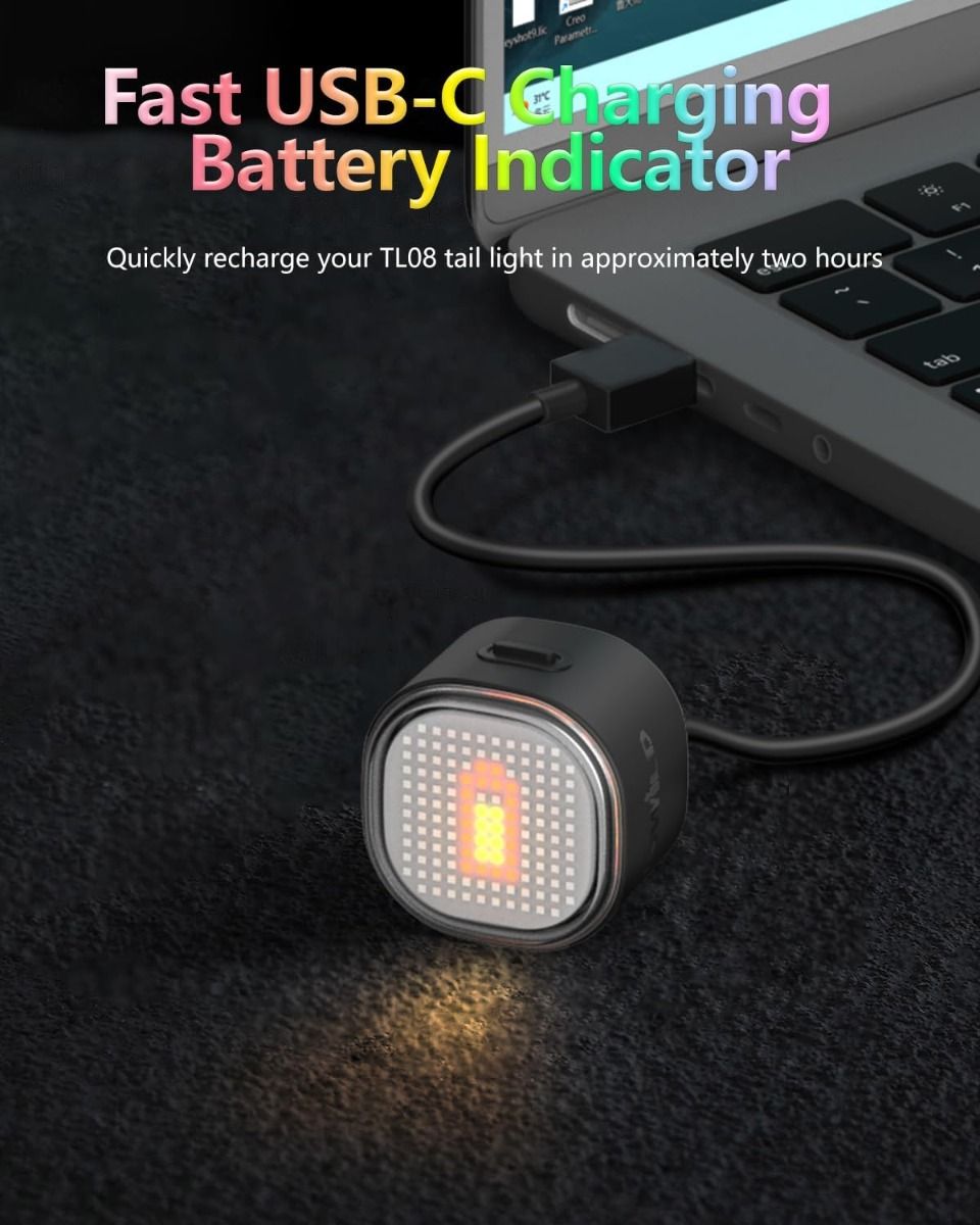 TOWILD TL08 Luz Trasera Bicicleta Inteligente con Patrones Personalizados y GIFs, USB-C Recargable, Sensor Freno, IPX6