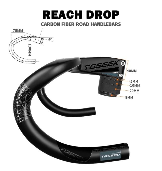 TOSEEK TR5500 Manillar de bicicleta de carretera ligero, potencia de fibra de carbono completa, diseño aerodinámico, acabado negro mate