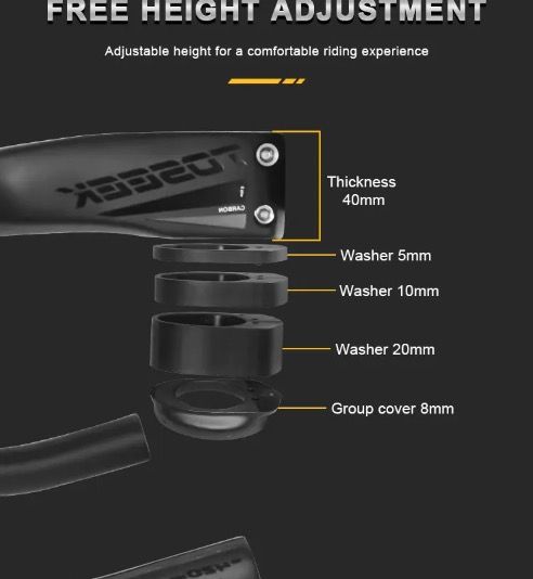 TOSEEK TR5500 Manillar de bicicleta de carretera ligero, potencia de fibra de carbono completa, diseño aerodinámico, acabado negro mate