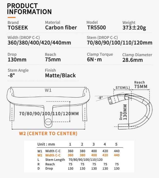 TOSEEK TR5500 Manillar de bicicleta de carretera ligero, potencia de fibra de carbono completa, diseño aerodinámico, acabado negro mate