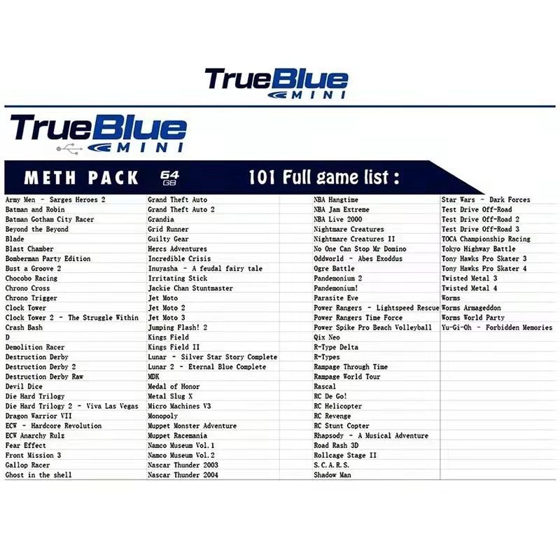 True Blue Mini Crackhead Pack 32GB o 64GB USB para PS ONE MINI Plug and Play Nostalgia de Juegos Clásicos