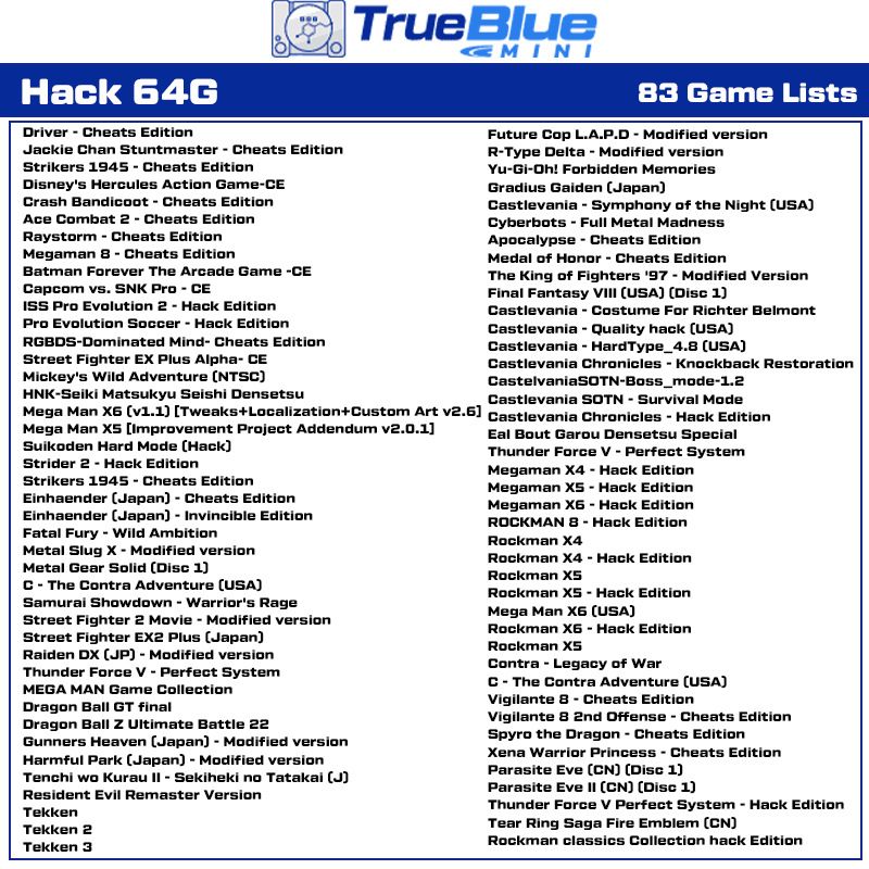 True Blue Mini Crackhead Pack 32GB o 64GB USB para PS ONE MINI Plug and Play Nostalgia de Juegos Clásicos