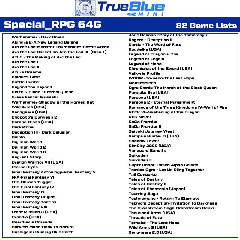 True Blue Mini Crackhead Pack 32GB o 64GB USB para PS ONE MINI Plug and Play Nostalgia de Juegos Clásicos