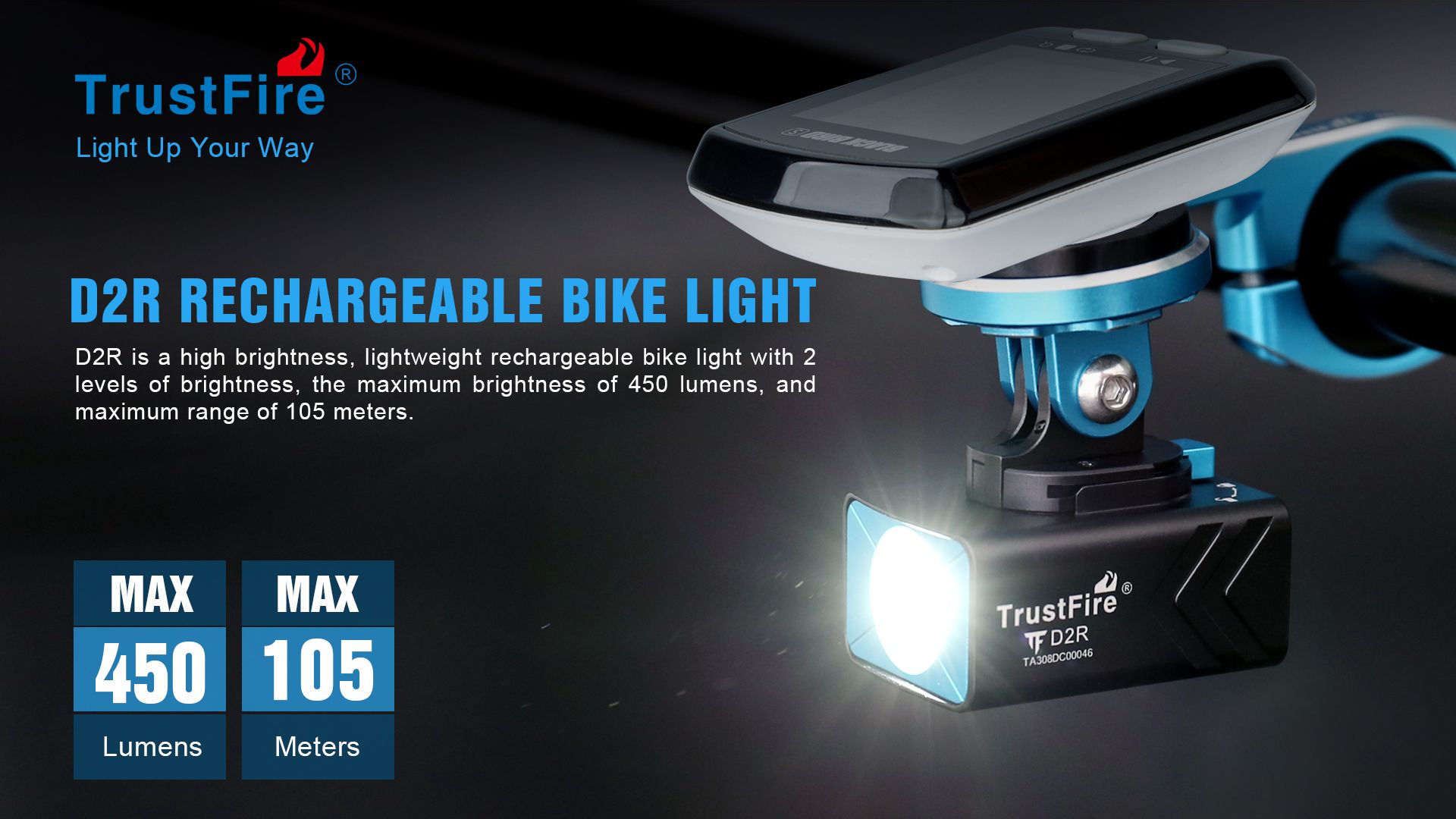 TrustFire D2R Luz para bicicleta 450LM Faro delantero impermeable recargable Tipo-C para seguridad y visibilidad