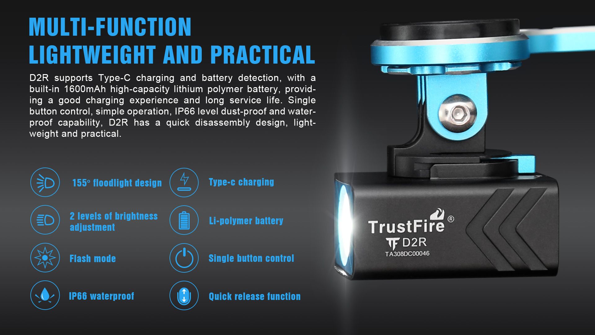 TrustFire D2R Luz para bicicleta 450LM Faro delantero impermeable recargable Tipo-C para seguridad y visibilidad