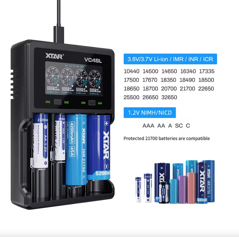 XTAR VC4SL Cargador de Baterías 18650 21700 USB C con Carga Rápida QC3.0 y Compatibilidad Versátil