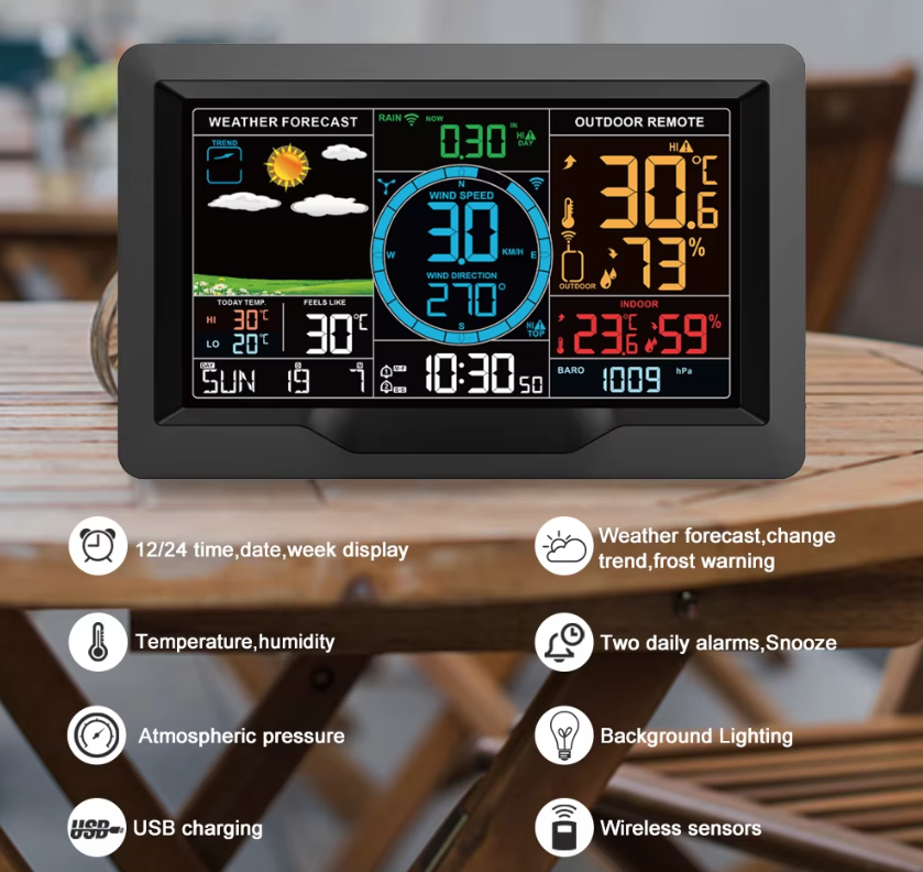 Estación Meteorológica con Pantalla a Color de 7.5 Pulgadas, Sensor Exterior Solar Inalámbrico, Actualizaciones en Tiempo Real de Temperatura y Humedad