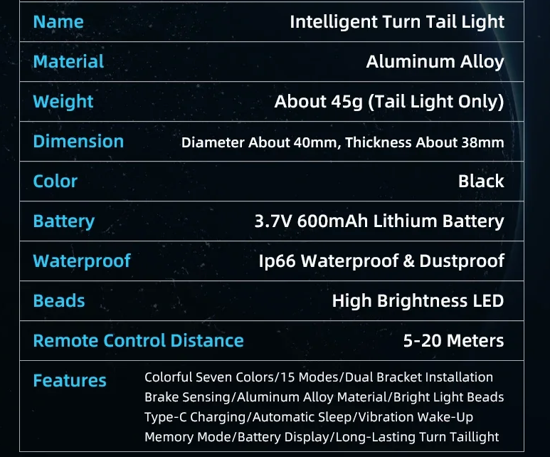 Luz trasera versátil para bicicleta con sensor de freno inteligente, control remoto inalámbrico, destellos coloridos y luz recargable