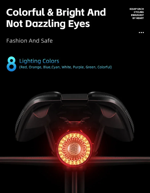 Luz trasera versátil para bicicleta con sensor de freno inteligente, control remoto inalámbrico, destellos coloridos y luz recargable