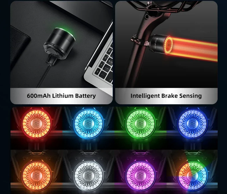 Luz trasera versátil para bicicleta con sensor de freno inteligente, control remoto inalámbrico, destellos coloridos y luz recargable