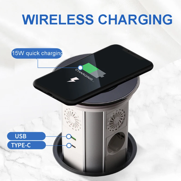 Enchufes Eléctricos de Elevación con Salida Retráctil Motorizada y Carga Inalámbrica USB Diseño Moderno