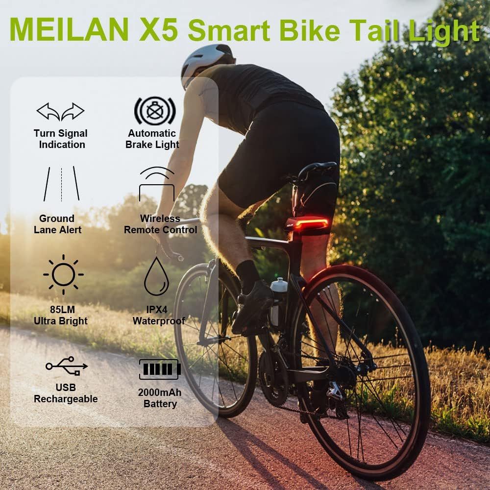 Meilan X5 Luz Trasera Inteligente Bici con Direccionales, Freno Automático y Control Remoto Inalámbrico Recargable.
