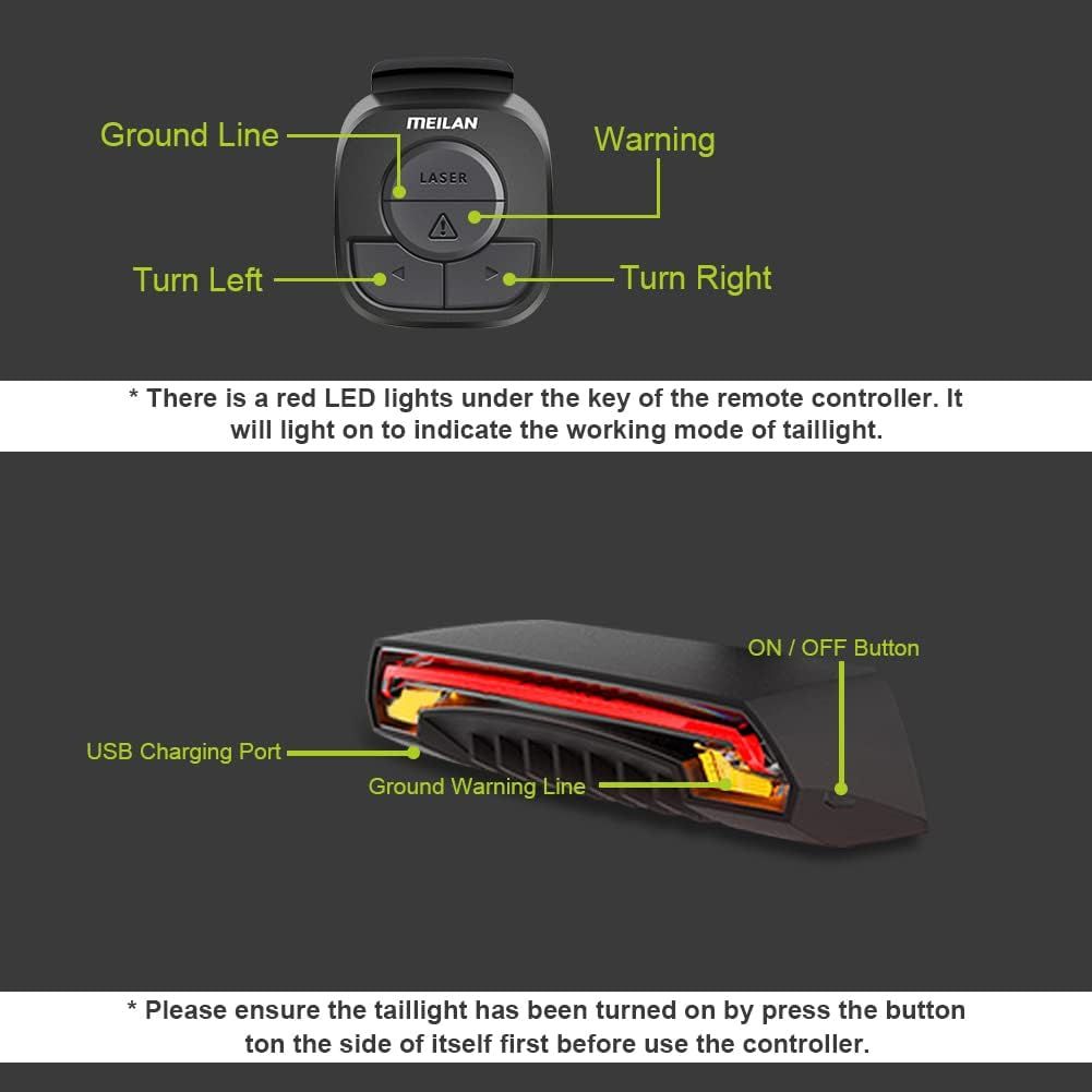 Meilan X5 Luz Trasera Inteligente Bici con Direccionales, Freno Automático y Control Remoto Inalámbrico Recargable.