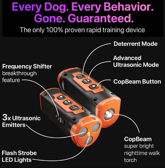Repelente para perros recargable con tecnología ultrasónica, control efectivo de ladridos y linterna LED.