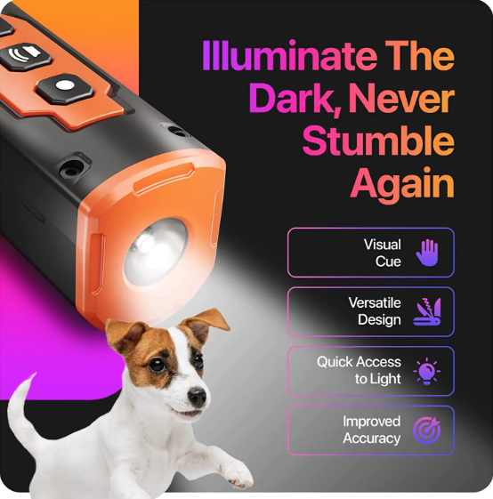Repelente para perros recargable con tecnología ultrasónica, control efectivo de ladridos y linterna LED.