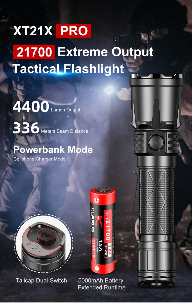 Klarus XT21X Pro XHP70.2 LED 4400 Lúmenes Linterna Táctica para Exteriores de Alto Rendimiento y Recargable